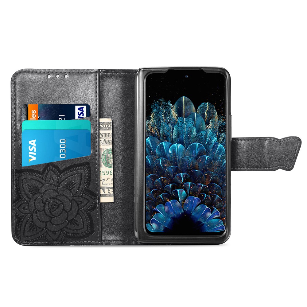 For Oppo Find N Wallet Phone Cover Drop Proof Imprinted Butterfly Flower Pattern Leather Case Stand Shell with Strap - Black-4