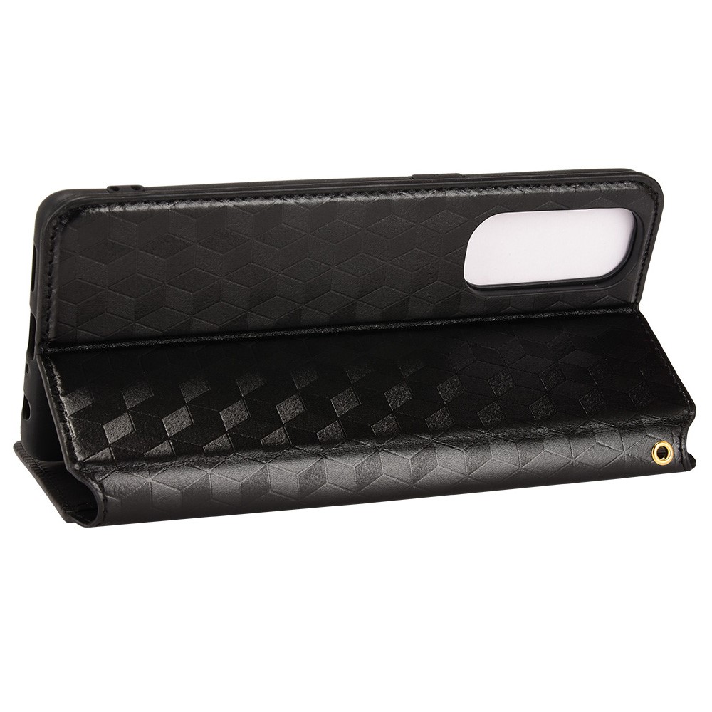 For Oppo Reno4 Pro 4G Rhombus Pattern Imprinted Wallet Phone Case PU Leather Flip Magnetic Absorption Viewing Stand Cover - Black-4