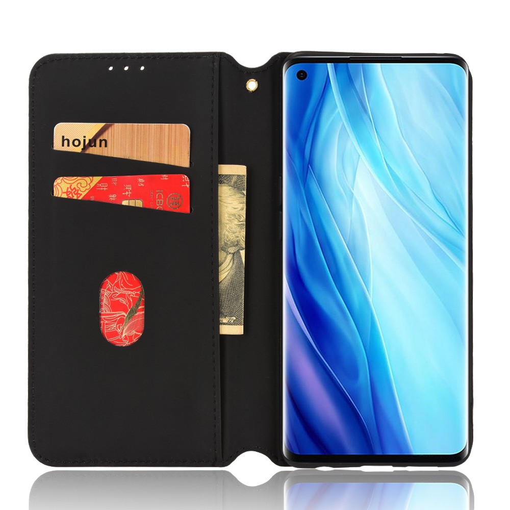 For Oppo Reno4 Pro 4G Rhombus Pattern Imprinted Wallet Phone Case PU Leather Flip Magnetic Absorption Viewing Stand Cover - Black-5