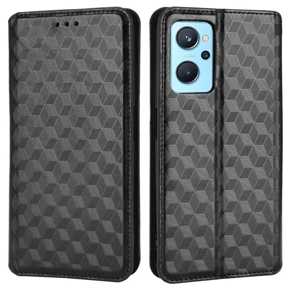 For Realme 9i/Oppo A36 4G/A76 4G Rhombus Imprinted PU Leather Magnetic Auto-absorbed Wallet Stand Phone Case - Black-1