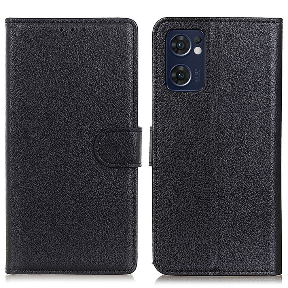 Phone Case for Oppo Reno7 5G (Global), PU Leather + TPU Well-protected Litchi Texture Stand Wallet Flip Cover Shell - Black-1