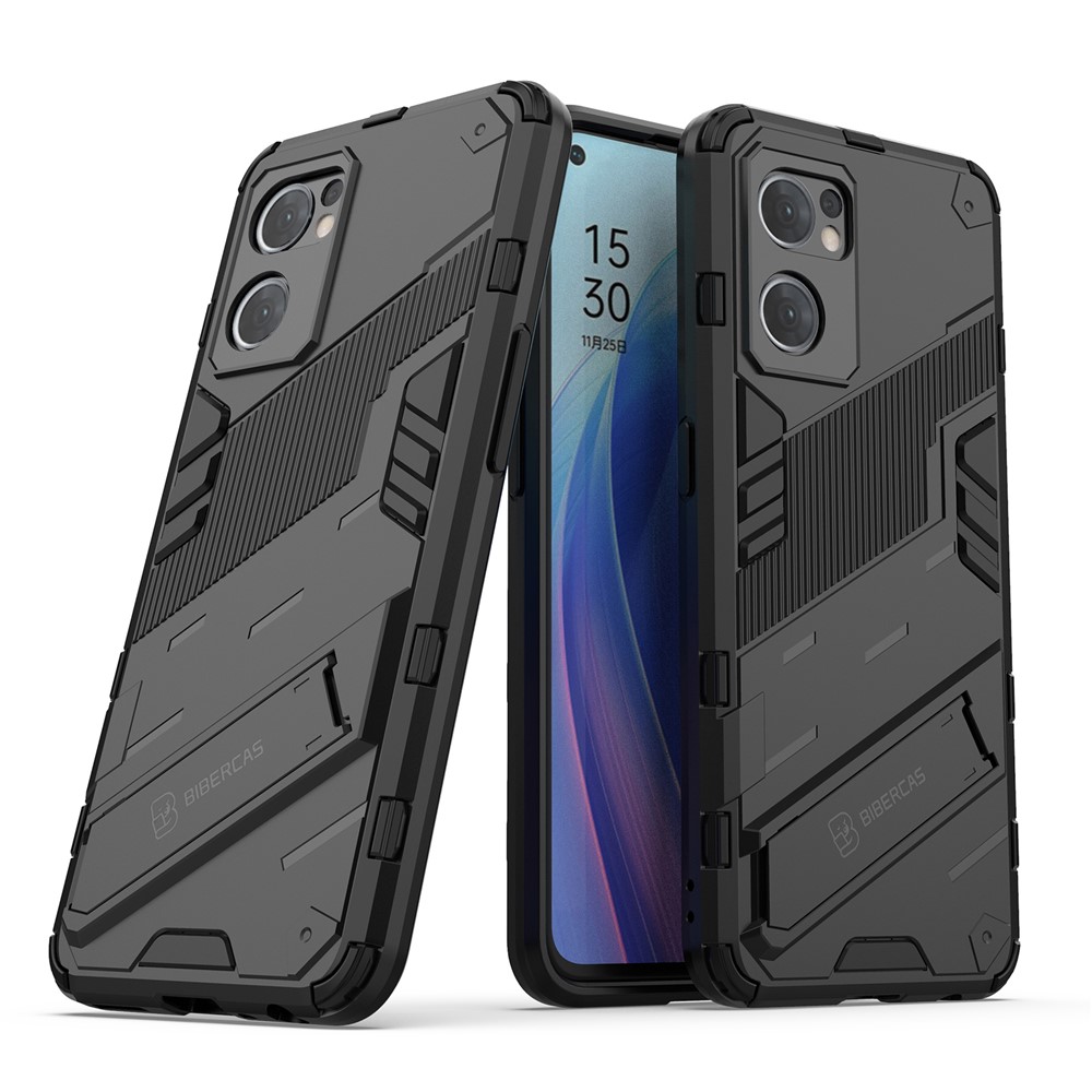 For Oppo Reno7 5G (Global) Hard PC+Soft TPU Phone Back Cover Protective Case with Kickstand Anti-drop Phone Case - Black-1