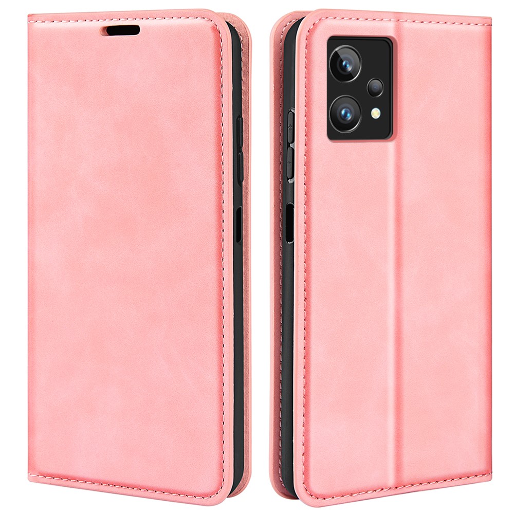 Skin-touch Feeling Stand Leather Cover for Realme 9 Pro+, Folio Flip Magnetic Auto Closing Phone Wallet Case - Pink-1