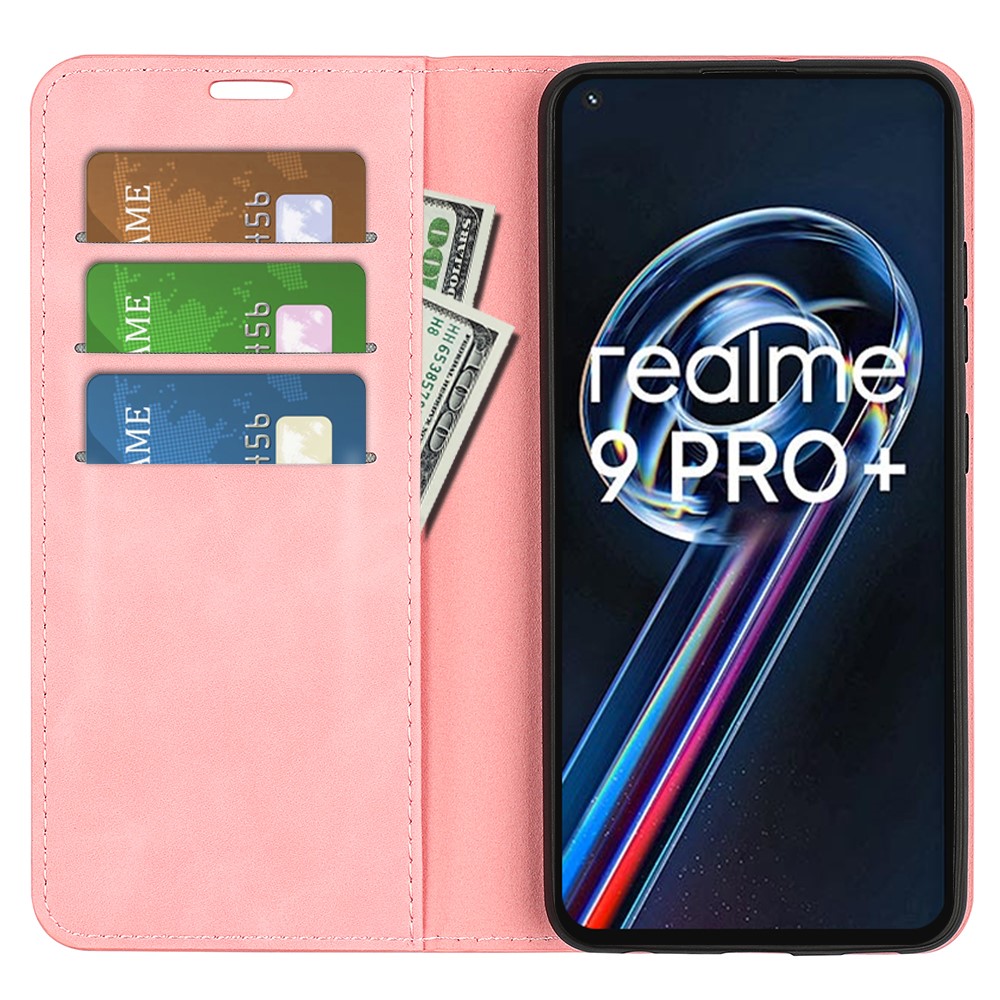 Skin-touch Feeling Stand Leather Cover for Realme 9 Pro+, Folio Flip Magnetic Auto Closing Phone Wallet Case - Pink-4