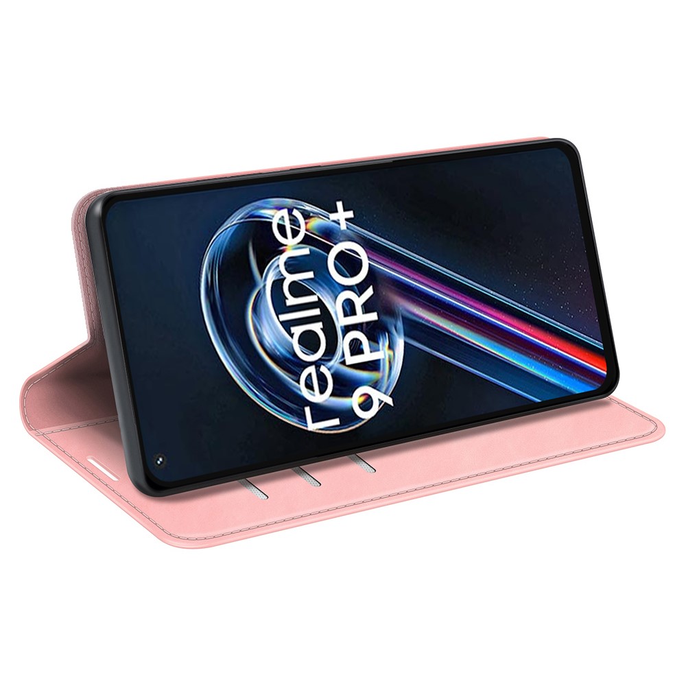 Skin-touch Feeling Stand Leather Cover for Realme 9 Pro+, Folio Flip Magnetic Auto Closing Phone Wallet Case - Pink-5