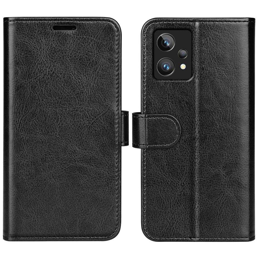 For Realme 9 Pro+ Viewing Stand Phone Cover Crazy Horse Texture Folio Flip Leather Wallet Phone Case - Black-1
