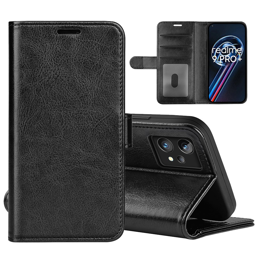 For Realme 9 Pro+ Viewing Stand Phone Cover Crazy Horse Texture Folio Flip Leather Wallet Phone Case - Black-11