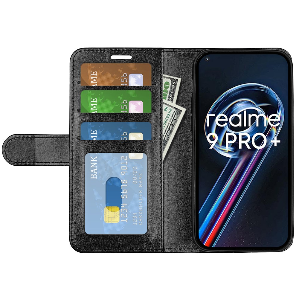 For Realme 9 Pro+ Viewing Stand Phone Cover Crazy Horse Texture Folio Flip Leather Wallet Phone Case - Black-2
