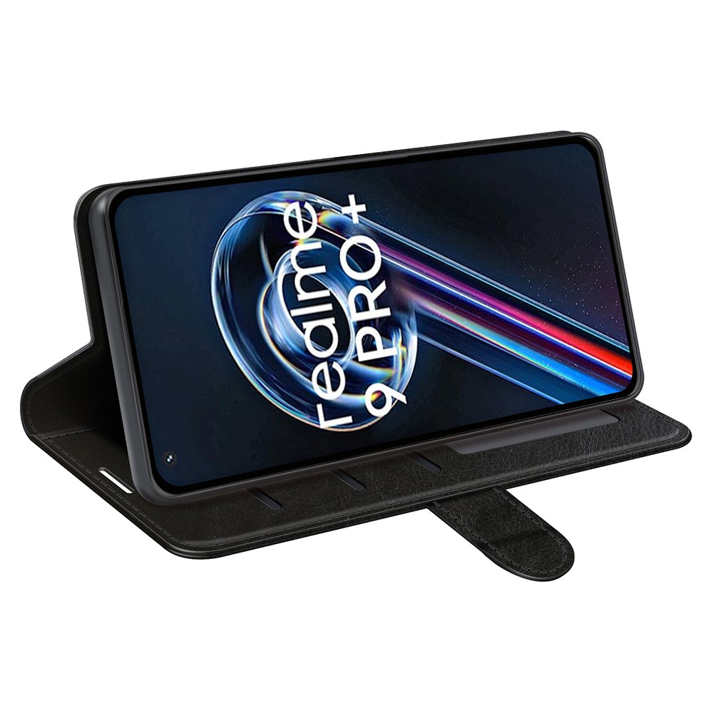 For Realme 9 Pro+ Viewing Stand Phone Cover Crazy Horse Texture Folio Flip Leather Wallet Phone Case - Black-3