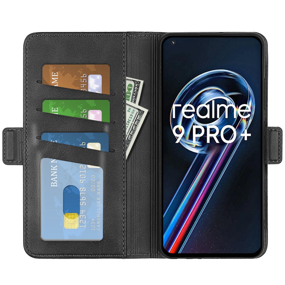 For Realme 9 Pro+ Textured PU Leather Anti-fall Phone Case Foldable Stand Wallet Function Phone Cover - Black-2