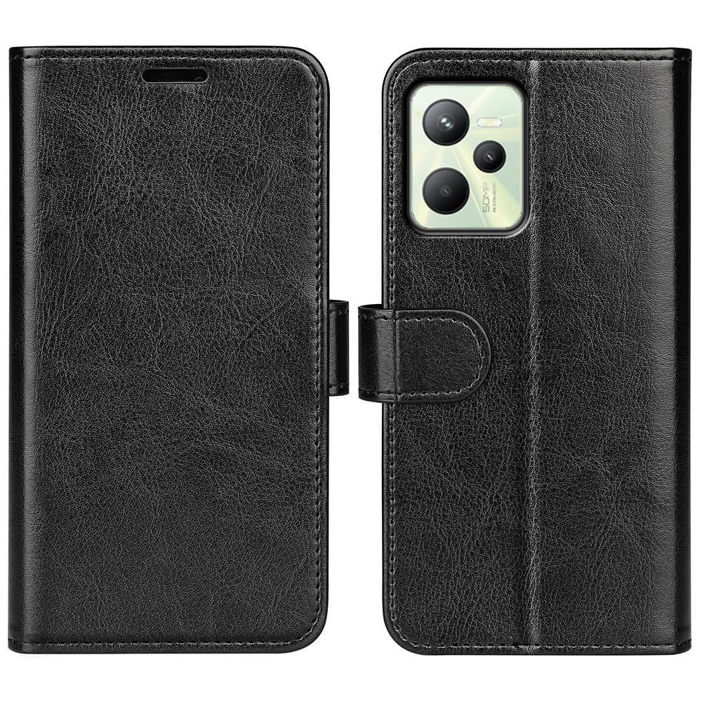 For Realme C35 Fall Proof Stand Phone Cover Crazy Horse Texture Folio Flip Leather Wallet Phone Case - Black-1