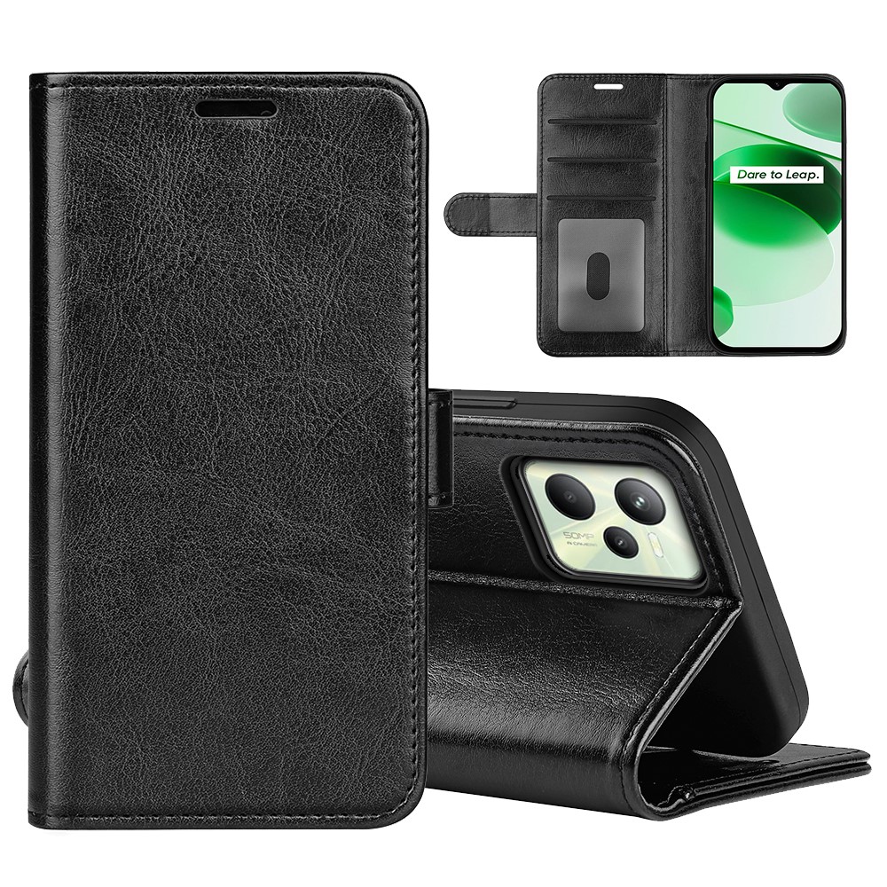 For Realme C35 Fall Proof Stand Phone Cover Crazy Horse Texture Folio Flip Leather Wallet Phone Case - Black-11