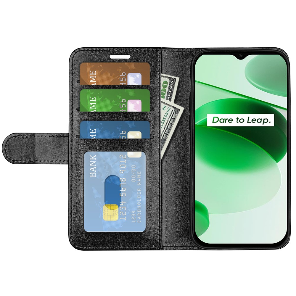 For Realme C35 Fall Proof Stand Phone Cover Crazy Horse Texture Folio Flip Leather Wallet Phone Case - Black-2