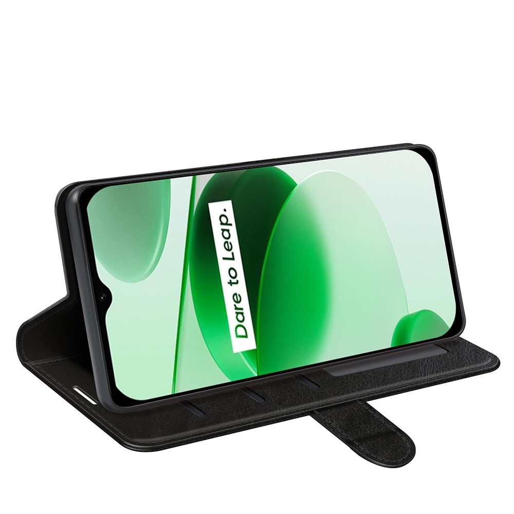 For Realme C35 Fall Proof Stand Phone Cover Crazy Horse Texture Folio Flip Leather Wallet Phone Case - Black-3