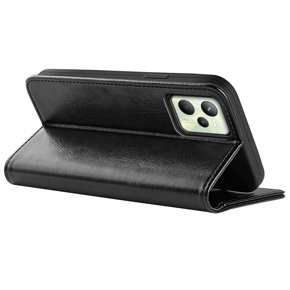 For Realme C35 Fall Proof Stand Phone Cover Crazy Horse Texture Folio Flip Leather Wallet Phone Case - Black-6