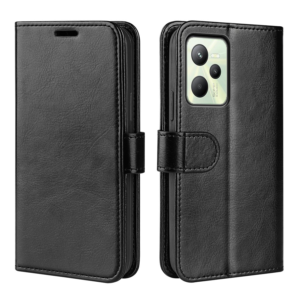 For Realme C35 Fall Proof Stand Phone Cover Crazy Horse Texture Folio Flip Leather Wallet Phone Case - Black-8