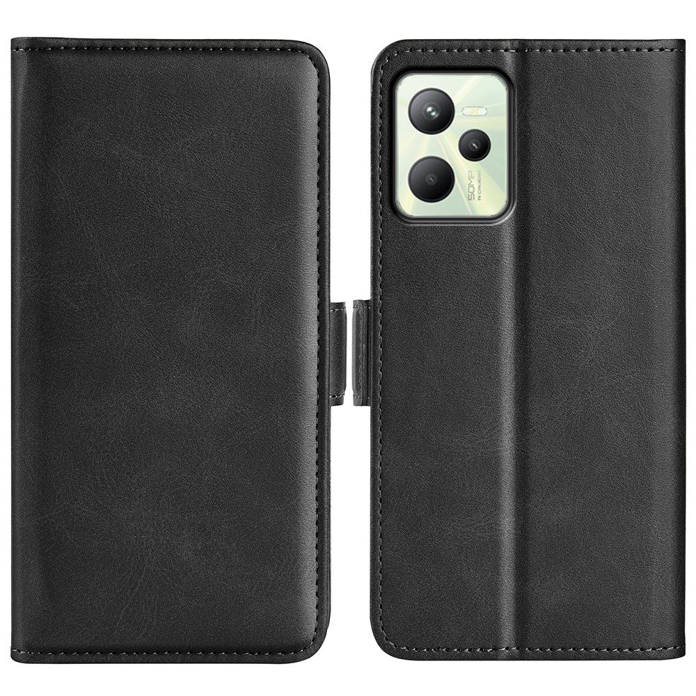 For Realme C35 Impact Resistant Textured PU Leather Phone Case Foldable Stand Wallet Function Phone Cover - Black-1