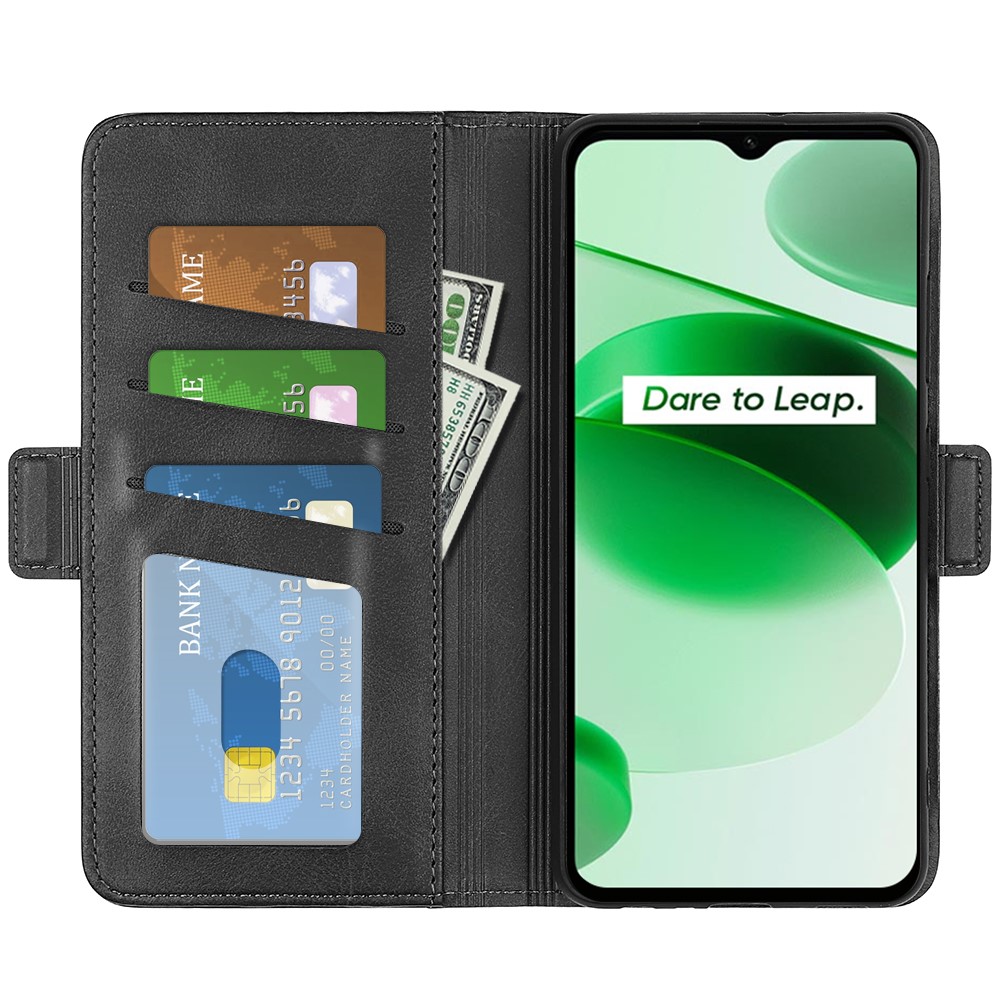 For Realme C35 Impact Resistant Textured PU Leather Phone Case Foldable Stand Wallet Function Phone Cover - Black-2