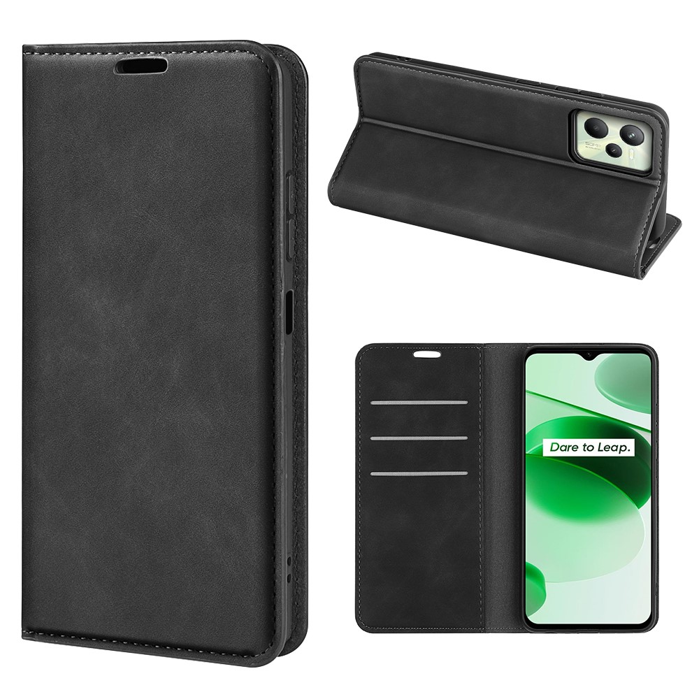 Silky-Touch Folio Flip Leather Cover for Realme C35, Phone Protective Case with Wallet Stand - Black-11