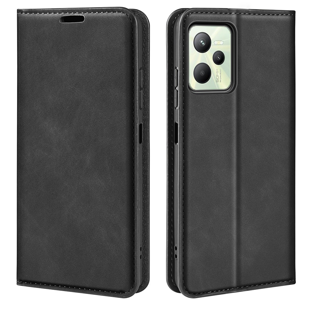 Silky-Touch Folio Flip Leather Cover for Realme C35, Phone Protective Case with Wallet Stand - Black-8