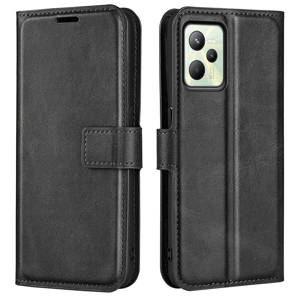 For Realme C35 Magnetic Folio Phone Cover Full Protection Textured PU Leather Wallet Stand Case - Black-4