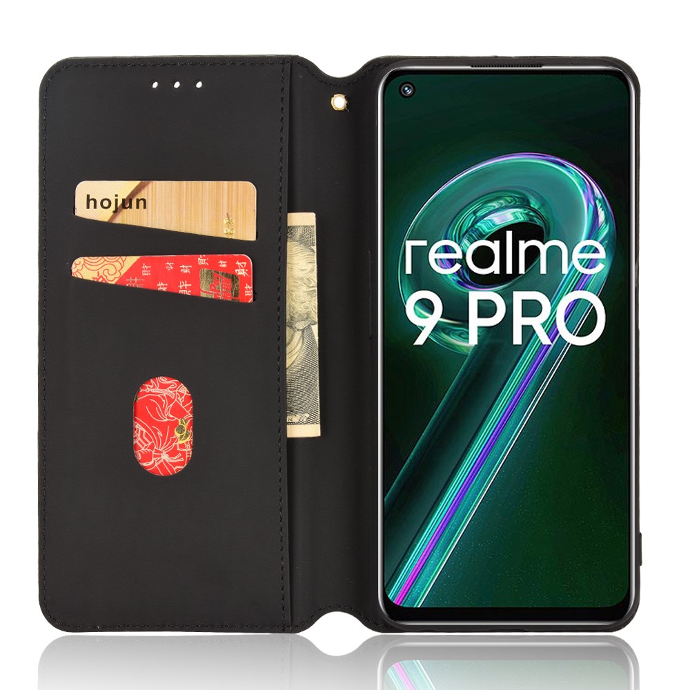 For Realme 9 Pro Flip Wallet Imprinted Rhombus Pattern Phone Case Stand Soft TPU Inner PU Leather Protective Phone Cover - Black-2
