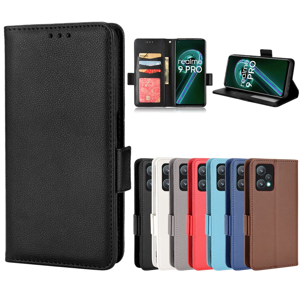 Litchi Texture Leather Phone Case for Realme 9 Pro+, Wallet Stand Design Protective Case - Black-11