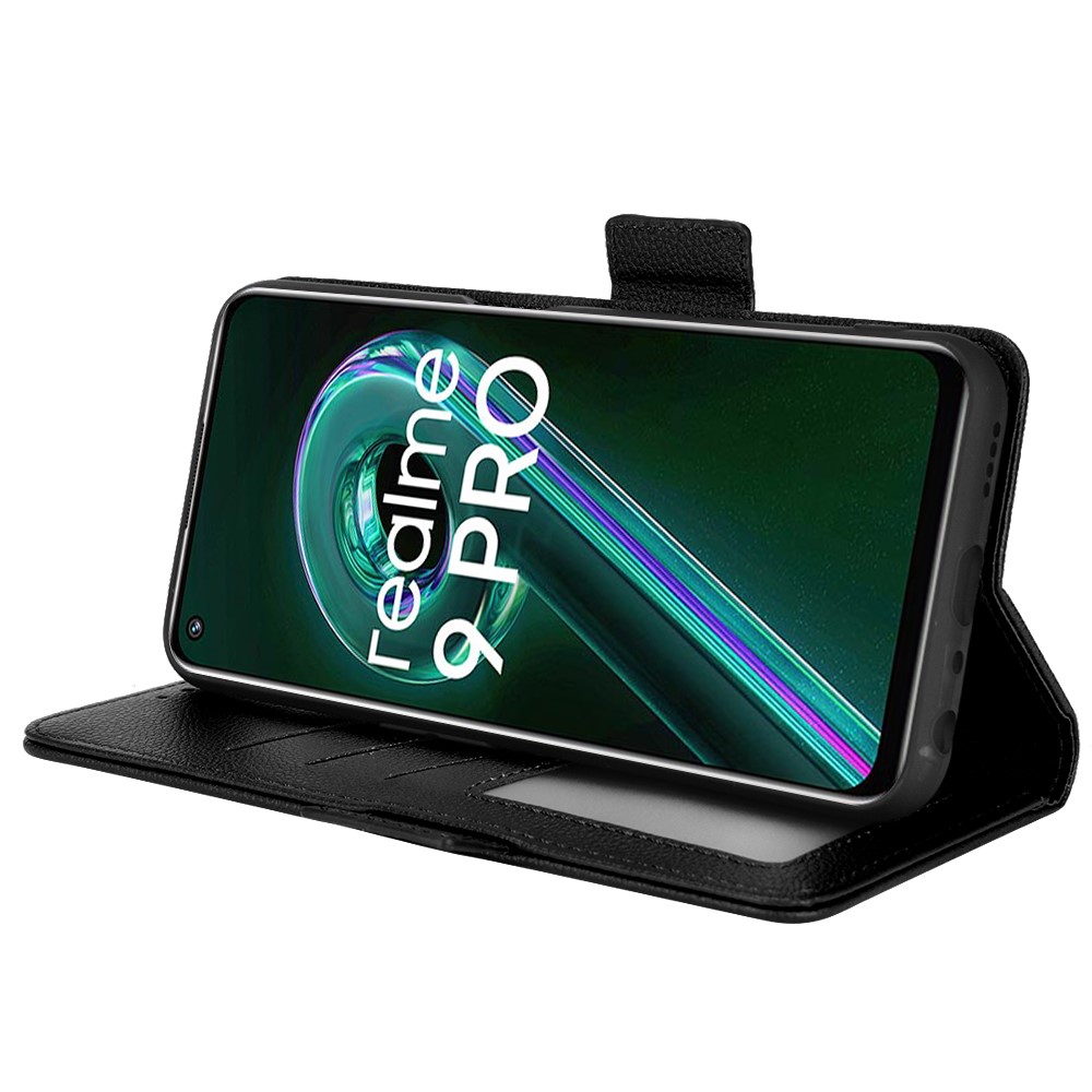 Litchi Texture Leather Phone Case for Realme 9 Pro+, Wallet Stand Design Protective Case - Black-3