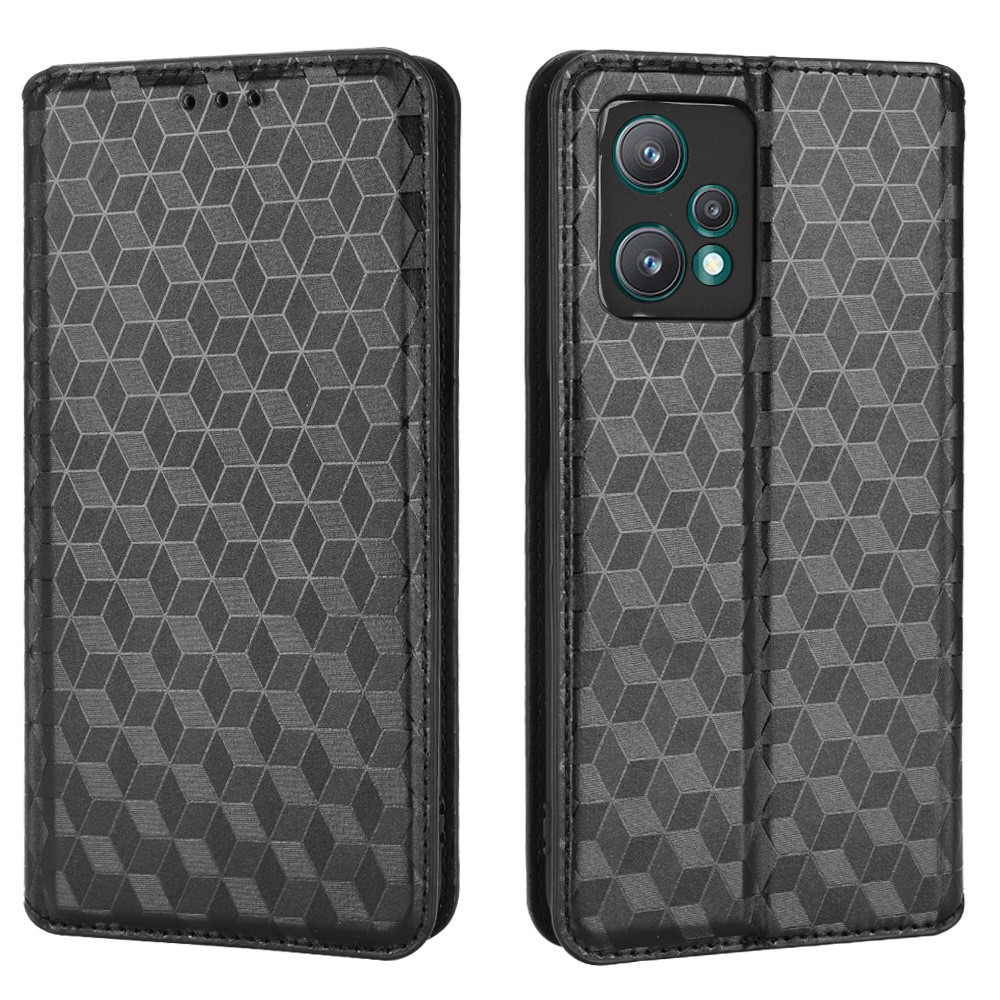 For Realme 9 Pro+ Imprinted Rhombus Pattern Magnetic Adsorption Flip Wallet Case Stand Soft TPU Inner PU Leather Protective Phone Cover - Black-1