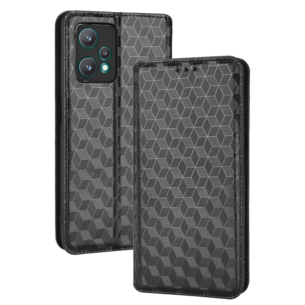 For Realme 9 Pro+ Imprinted Rhombus Pattern Magnetic Adsorption Flip Wallet Case Stand Soft TPU Inner PU Leather Protective Phone Cover - Black-10