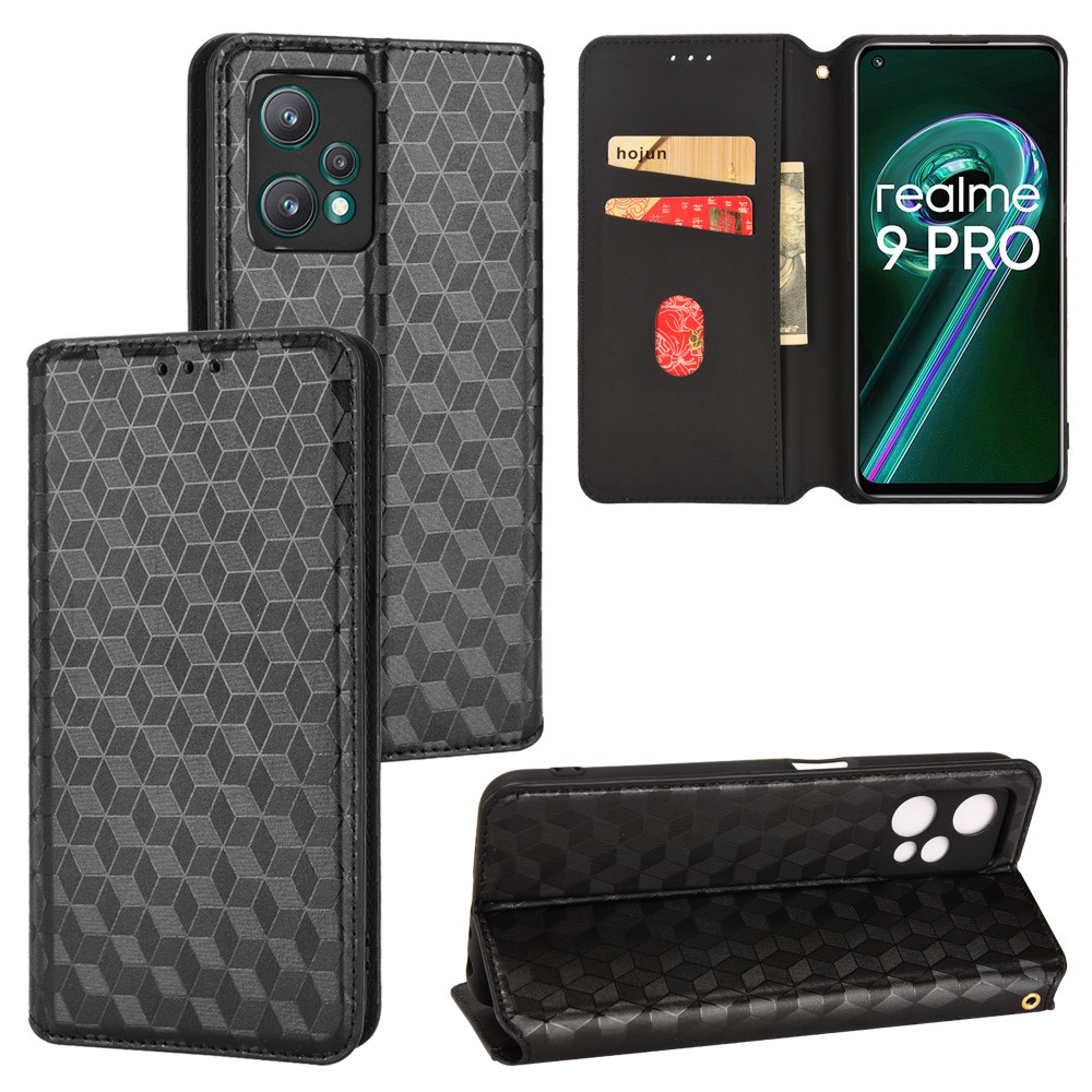For Realme 9 Pro+ Imprinted Rhombus Pattern Magnetic Adsorption Flip Wallet Case Stand Soft TPU Inner PU Leather Protective Phone Cover - Black-11