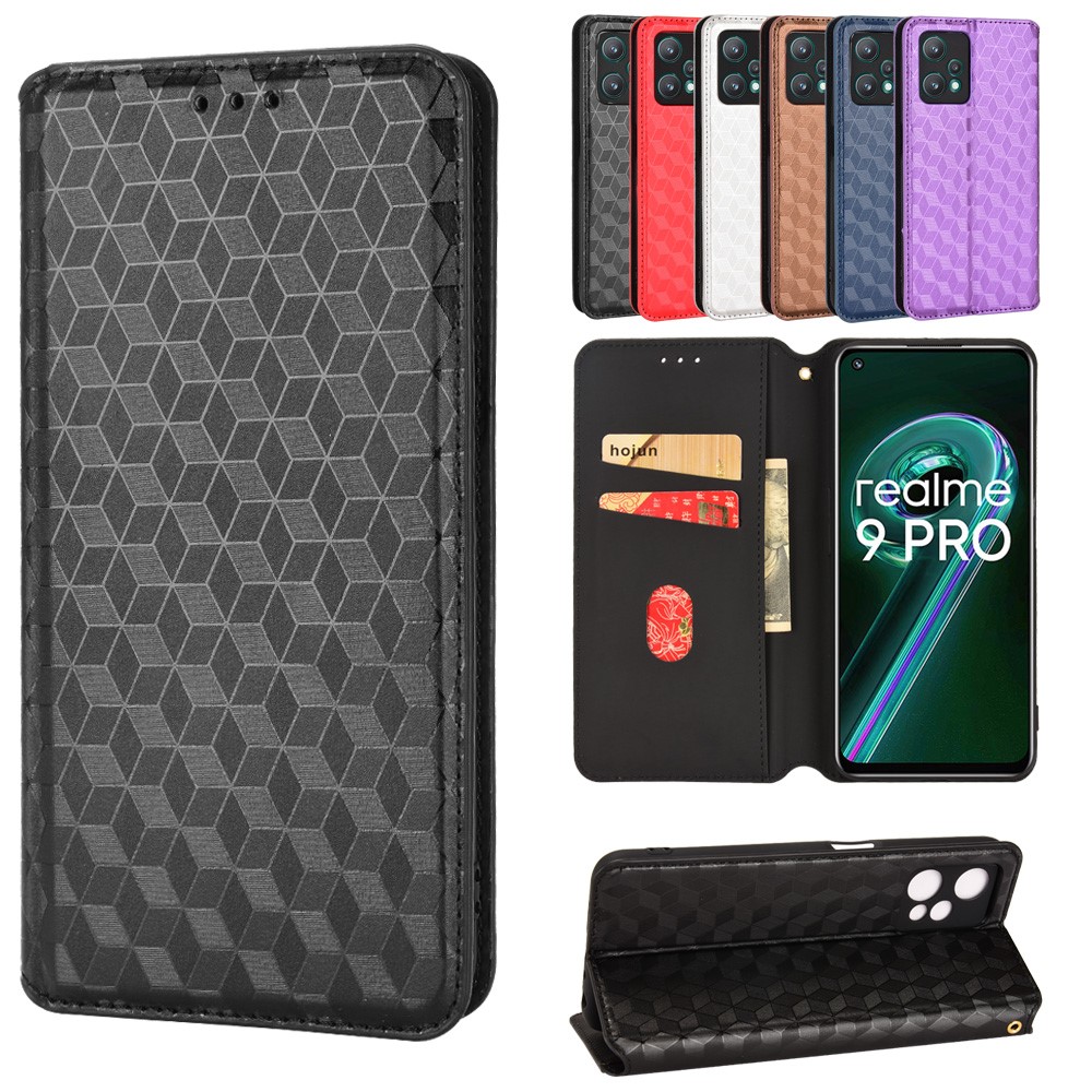For Realme 9 Pro+ Imprinted Rhombus Pattern Magnetic Adsorption Flip Wallet Case Stand Soft TPU Inner PU Leather Protective Phone Cover - Black-12