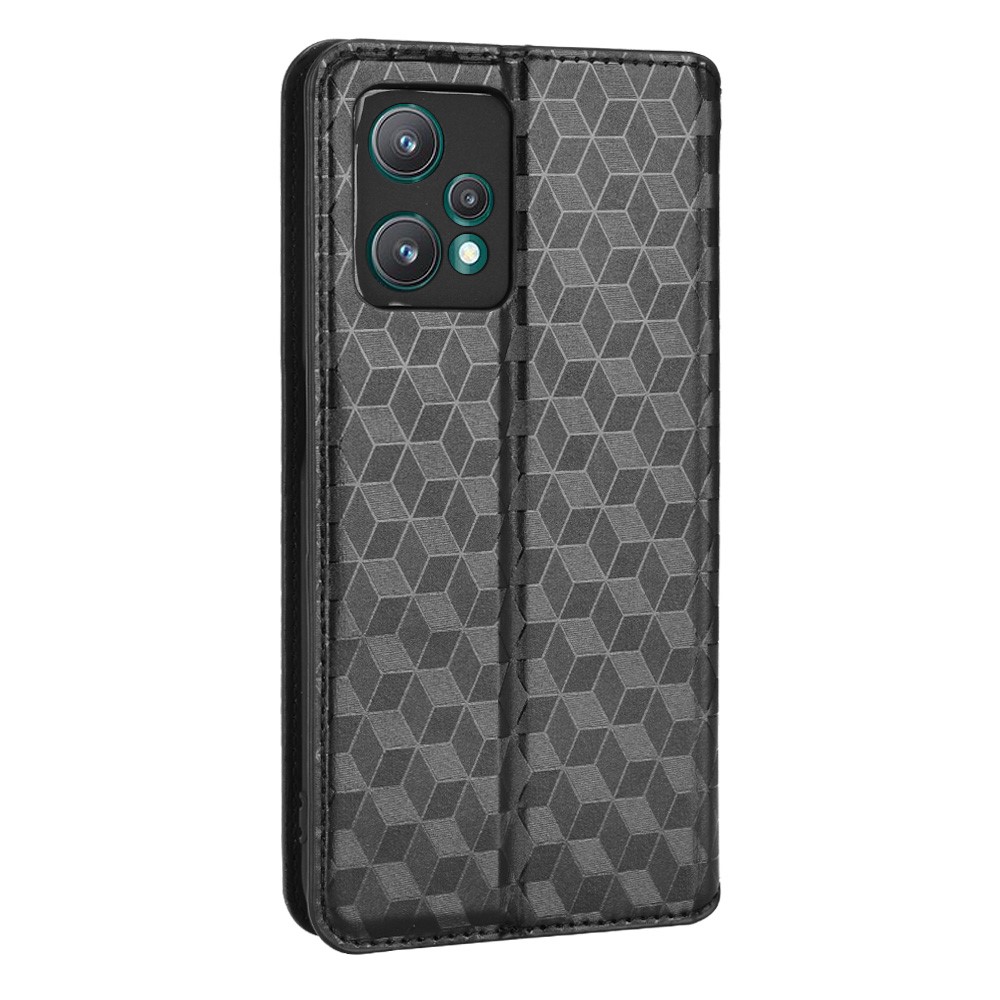 For Realme 9 Pro+ Imprinted Rhombus Pattern Magnetic Adsorption Flip Wallet Case Stand Soft TPU Inner PU Leather Protective Phone Cover - Black-9