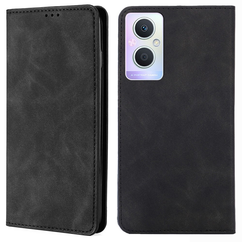 Skin-touch Feeling Phone Case for Oppo A96 5G, PU Leather Card Holder Stand Magnetic Auto Closing Cover - Black-1