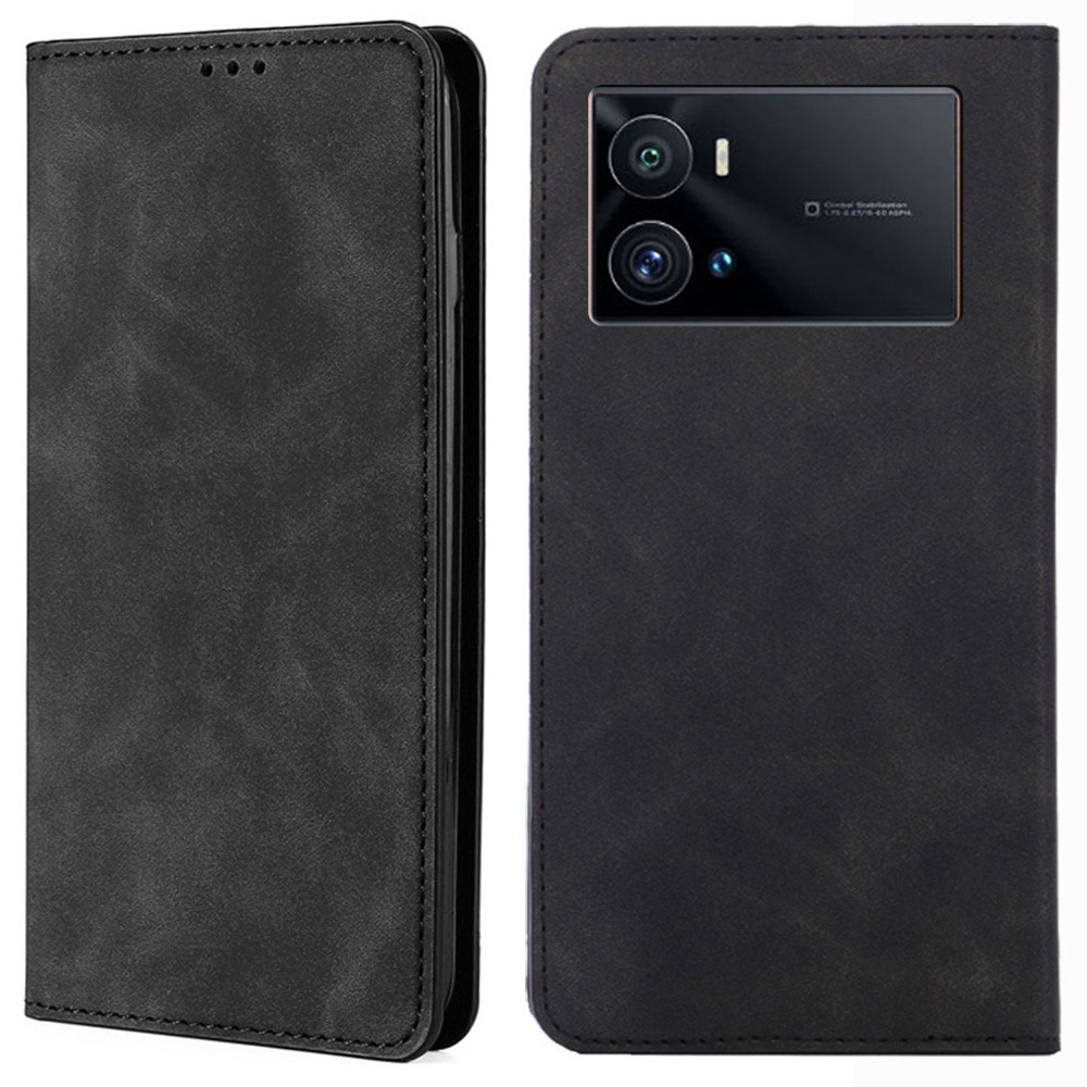 For vivo iQOO 9 Pro 5G Skin-touch Leather Case Card Slots Magnetic Auto-absorbed Stand Phone Cover - Black-1
