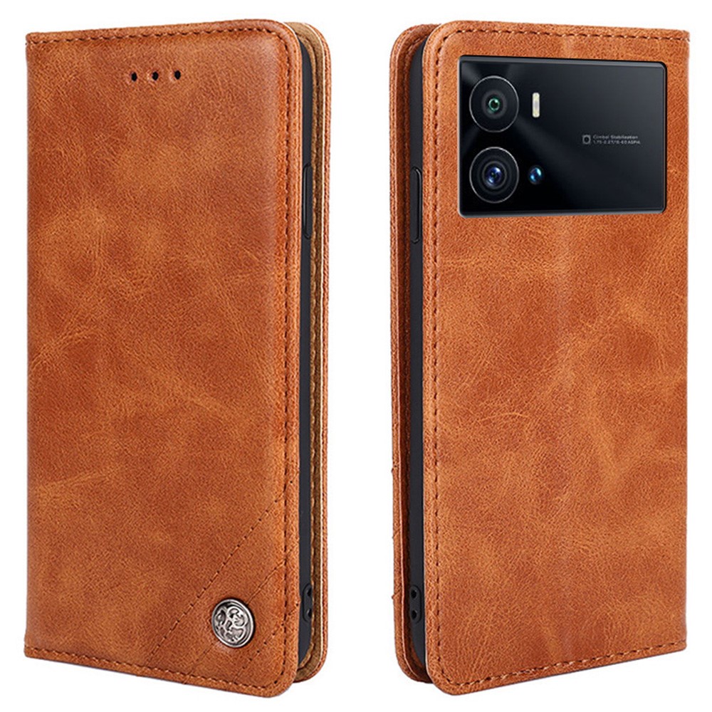 For vivo iQOO 9 Pro 5G PU Leather + TPU Shockproof Phone Cover Triangle Stitching Line Stand Wallet Case - Brown-1
