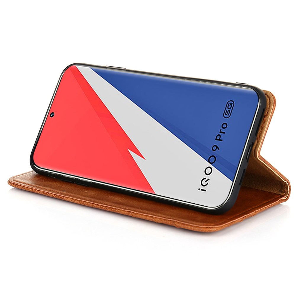 For vivo iQOO 9 Pro 5G PU Leather + TPU Shockproof Phone Cover Triangle Stitching Line Stand Wallet Case - Brown-5