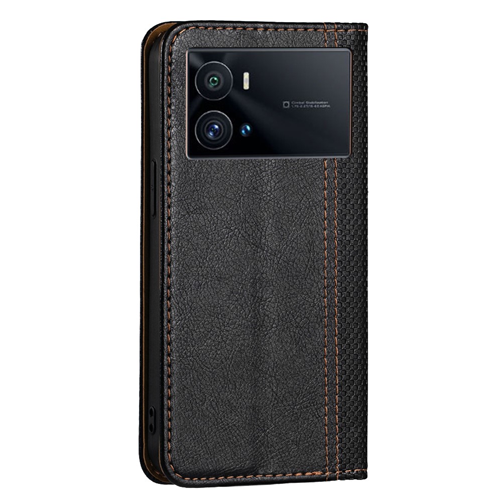 For vivo iQOO 9 Pro Plaid Pattern PU Leather Magnetic Auto-closing Phone Case Adjustable Stand Shockproof Card Slot Design Cover - Black-3