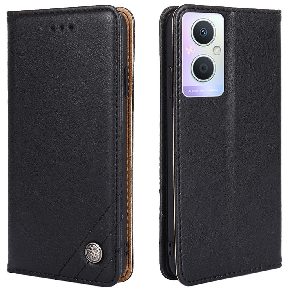 For Oppo A96 5G Triangle Stitching Line PU Leather Case Anti-scratch Adjustable Stand Wallet Mobile Phone Cover - Black-1
