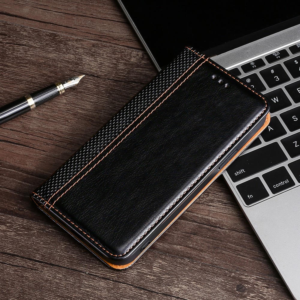 For Oppo A96 5G Plaid Pattern PU Leather Magnetic Auto-closing Phone Case Card Slot Design Flip Stand Cover - Black-4