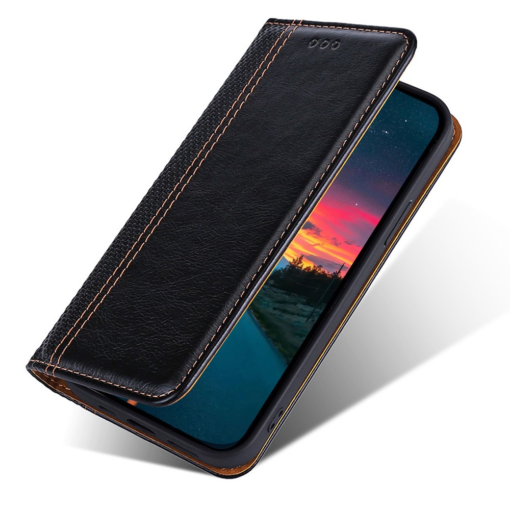 For Oppo A96 5G Plaid Pattern PU Leather Magnetic Auto-closing Phone Case Card Slot Design Flip Stand Cover - Black-5