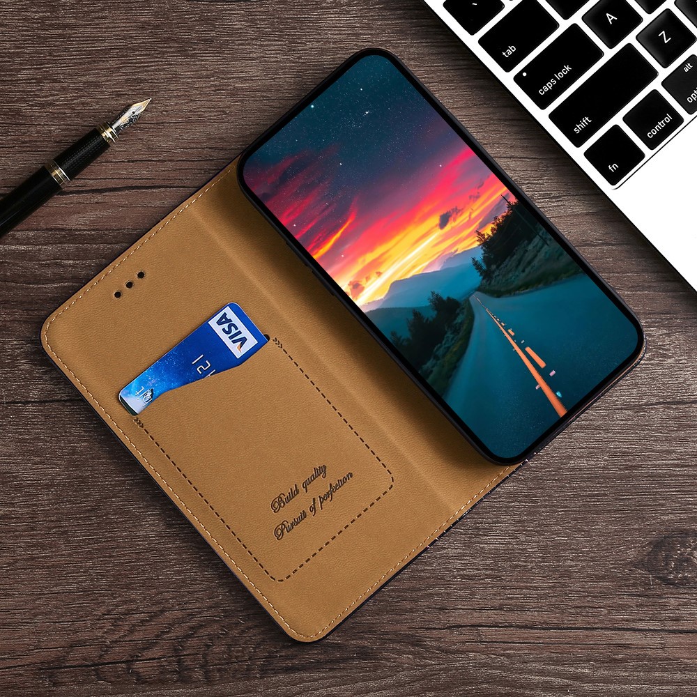 For Oppo A96 5G Plaid Pattern PU Leather Magnetic Auto-closing Phone Case Card Slot Design Flip Stand Cover - Black-6