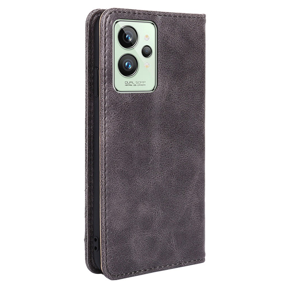 For Realme GT2 Pro Triangle Stitching Line PU Leather Case Anti-drop Stand Flip Wallet Mobile Phone Cover - Grey-4