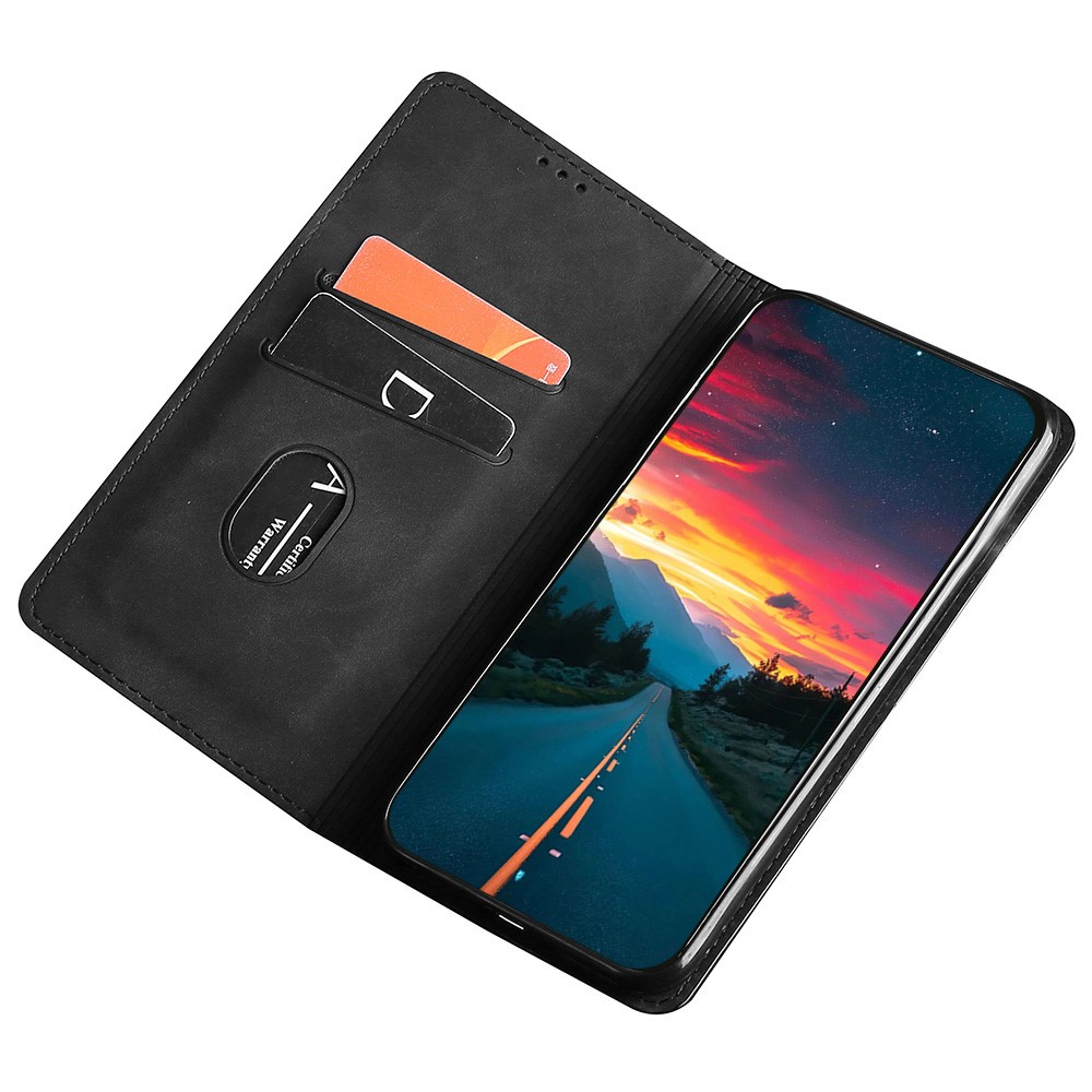 Skin-touch Leather Case for Realme 9 Pro+, Anti-scratch Drop-proof Card Holder Stand Auto Closing Magnetic Phone Protector - Black-5