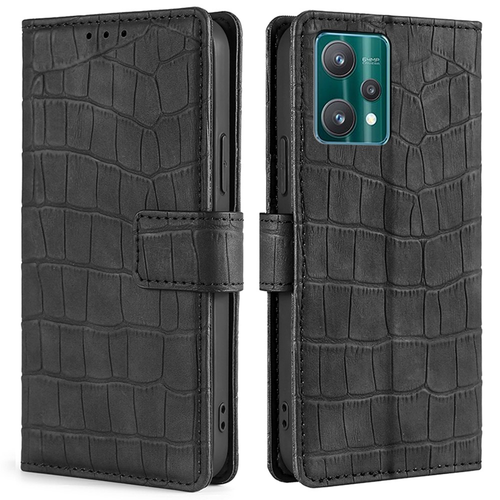 For Realme 9 Pro Drop-proof Crocodile Texture Skin-touch Feeling Case Wallet Stand Function Leather Cell Phone Shell - Black-1