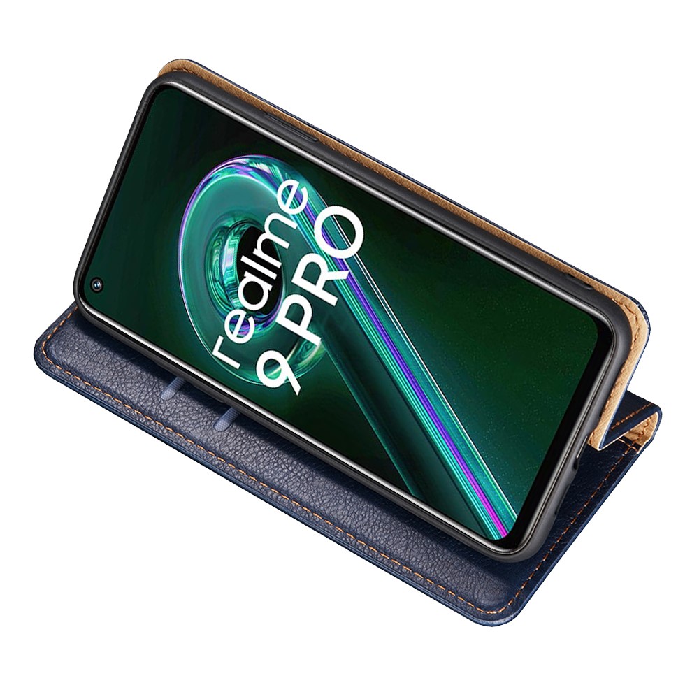 For Realme 9 Pro Anti-fall PU Leather Wallet Case Adjustable Stand Magnetic Absorption TPU Inner Cover - Blue-4