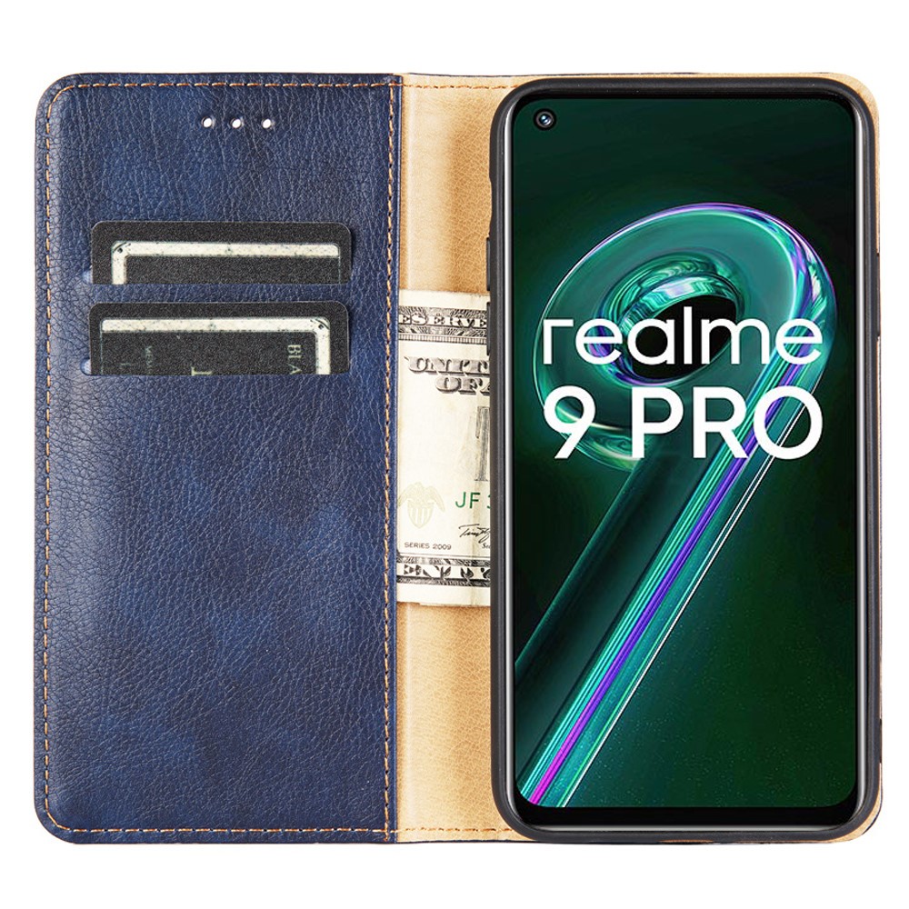 For Realme 9 Pro Anti-fall PU Leather Wallet Case Adjustable Stand Magnetic Absorption TPU Inner Cover - Blue-5