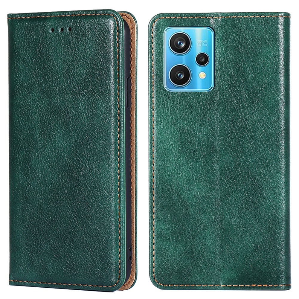 For Realme 9 Pro+ Solid Color PU Leather Wallet Case Stand Magnetic Absorption Shockproof TPU Inner Cover - Green-1