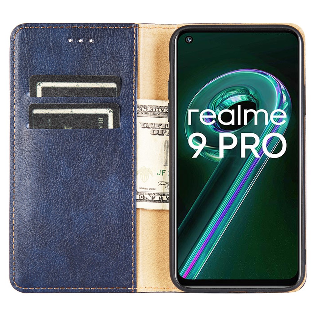 For Realme 9 Pro+ Solid Color PU Leather Wallet Case Stand Magnetic Absorption Shockproof TPU Inner Cover - Blue-5