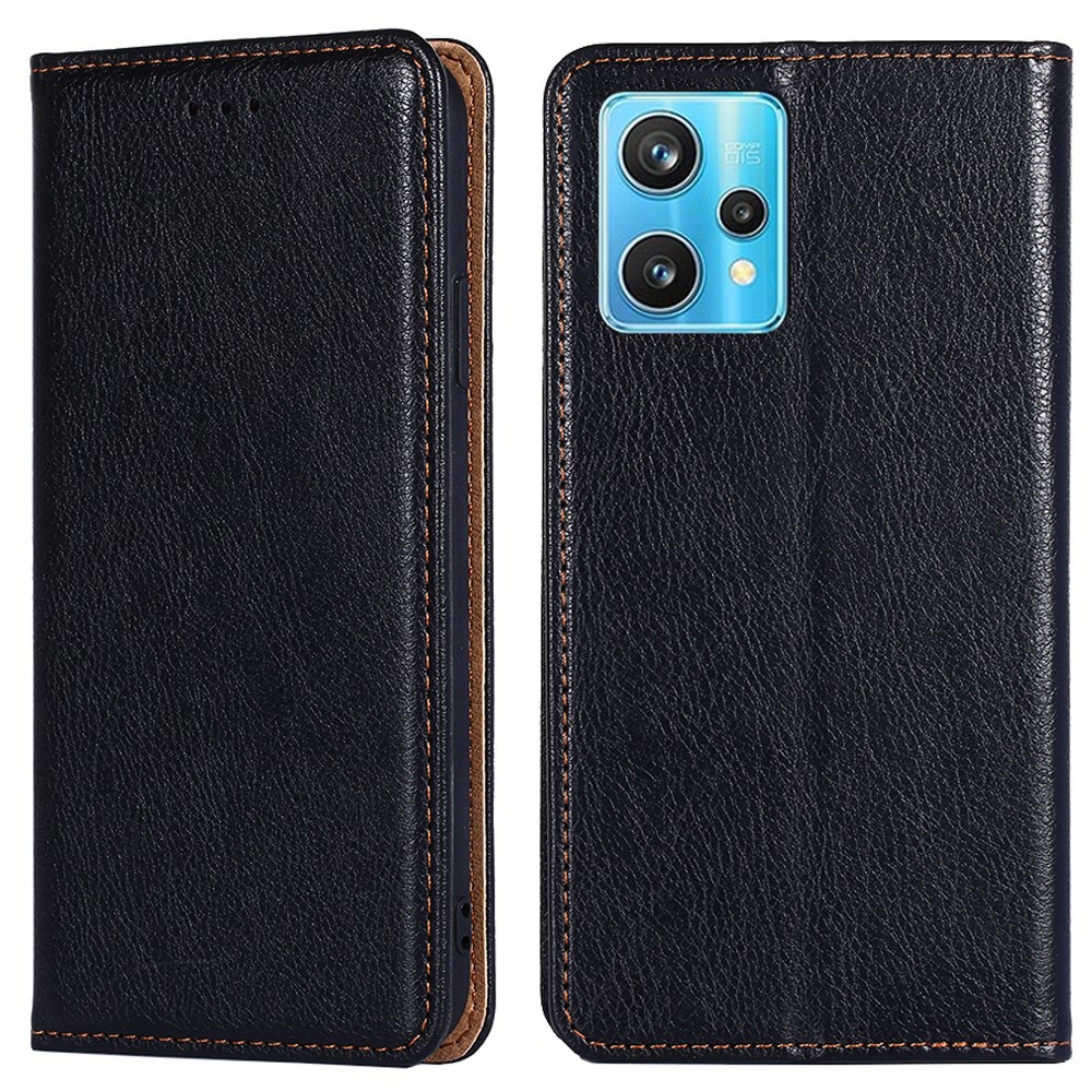 For Realme 9 Pro+ Solid Color PU Leather Wallet Case Stand Magnetic Absorption Shockproof TPU Inner Cover - Black-1